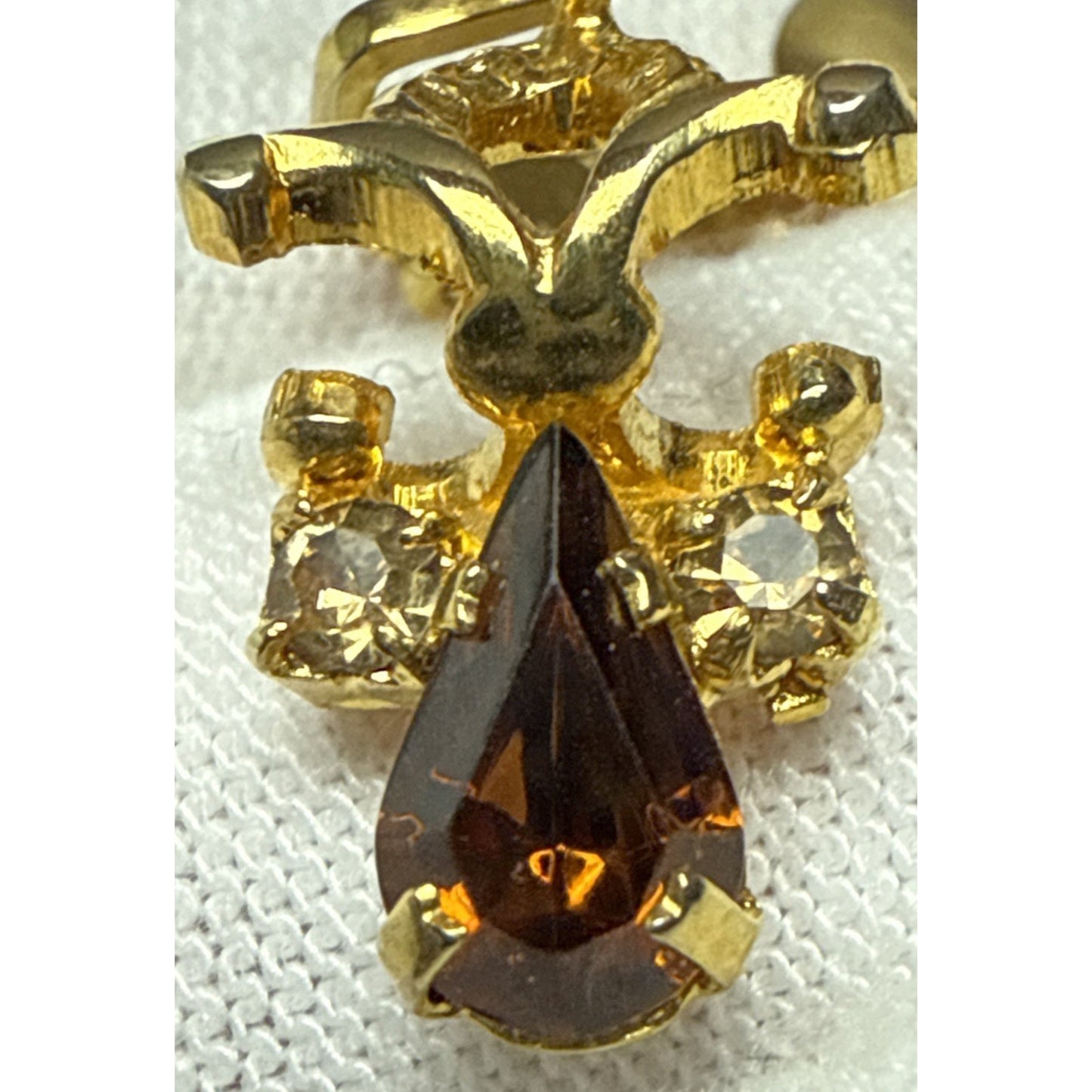 Vintage Austria Clip On Earrings Dangle Rhinestone Clear Brown Angel