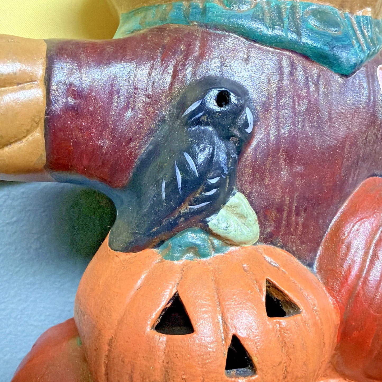 Vintage Ceramic Scarecrow Lamp Hand Painted Pumpkin Jack O Lantern Reflection