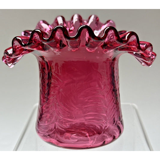 Vintage Fenton Glass Cranberry Embossed Fern #7235 Crimped Hat Vase