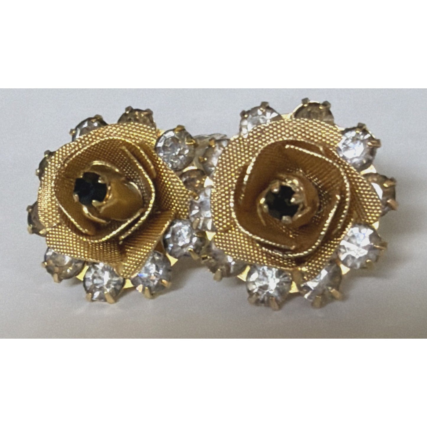 Vintage Rose Rosette Gold Tone Flower Clip On Earrings Black Clear Rhinestones