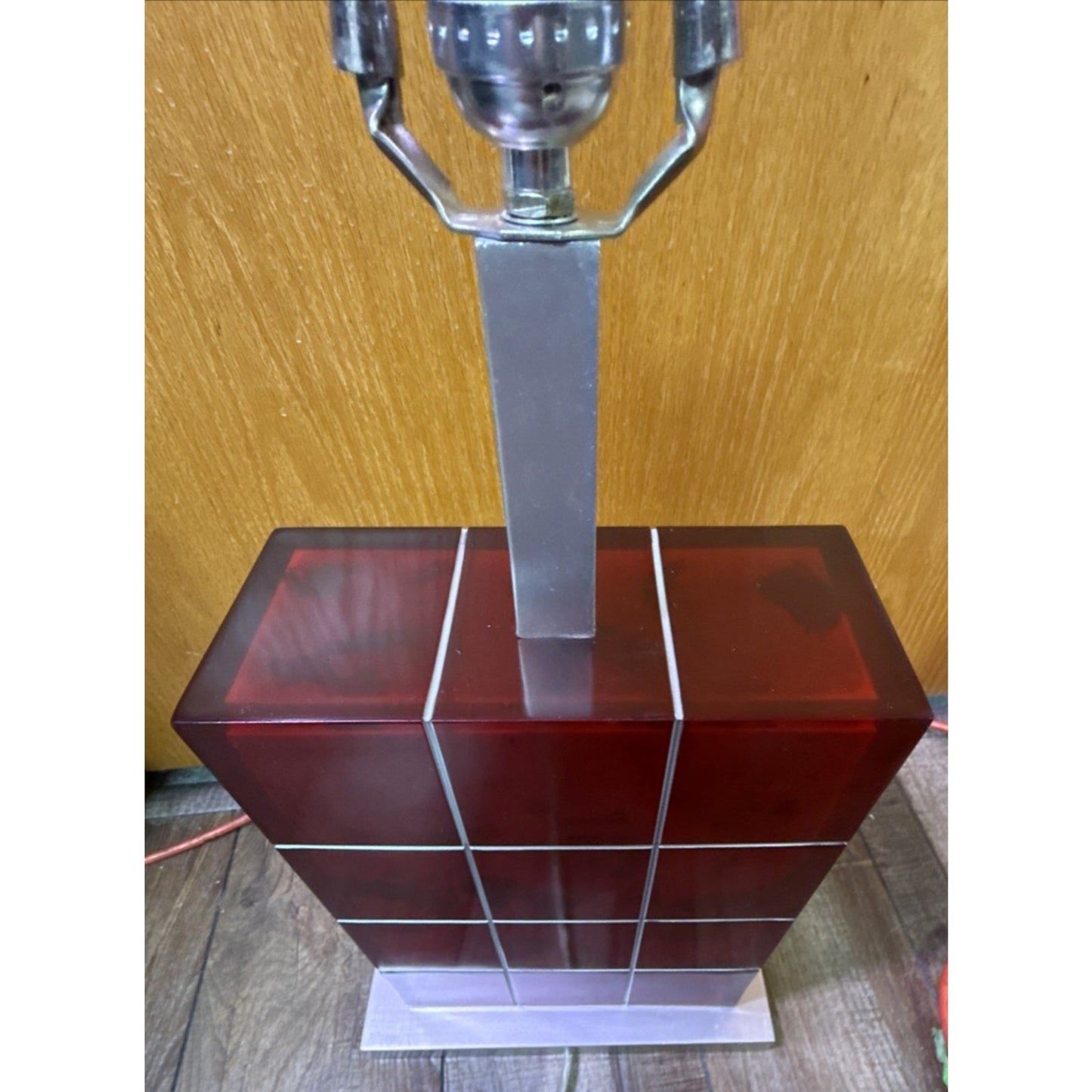 Vintage Modern Geometric Red Lucite Block Acrylic Stacked Lamp Metal Base As Is