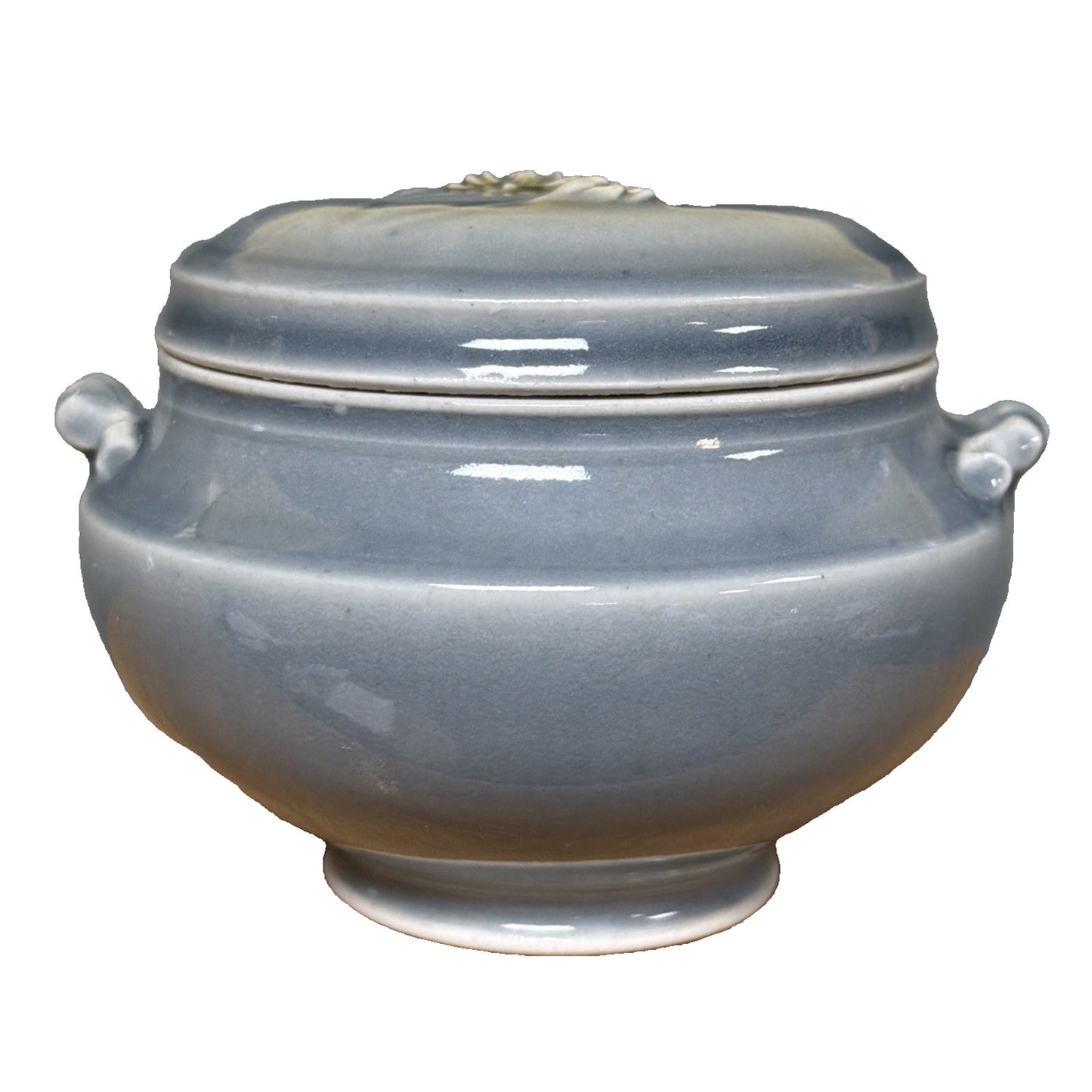 Vtg Celadon Tea Caddy Ginger Jar Embossed Chrysanthemum Blue Gray Handles Signed