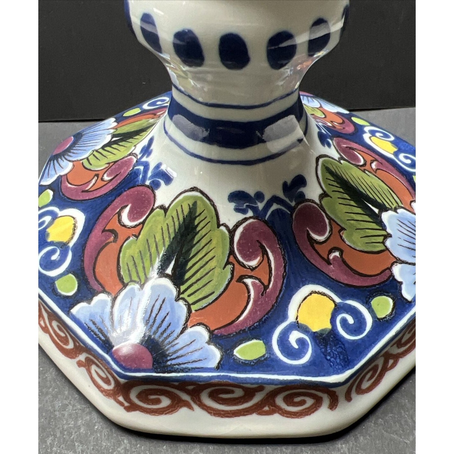 Vtg Oud Delft Holland 834/1 Candle Stick Holder Polychrome Floral Hand Painted