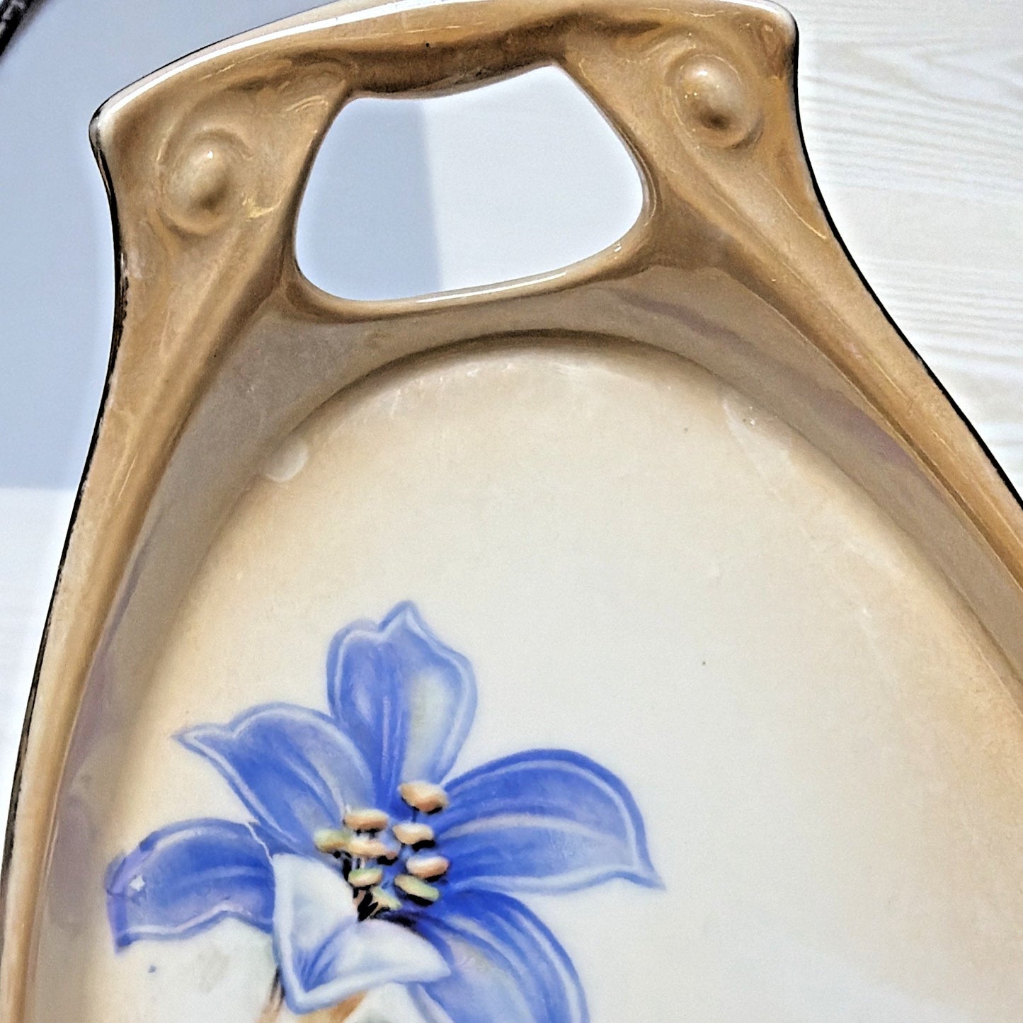 Antique RS Germany Hand Painted Luster Celery Tray Purple Floral Serving Vanity