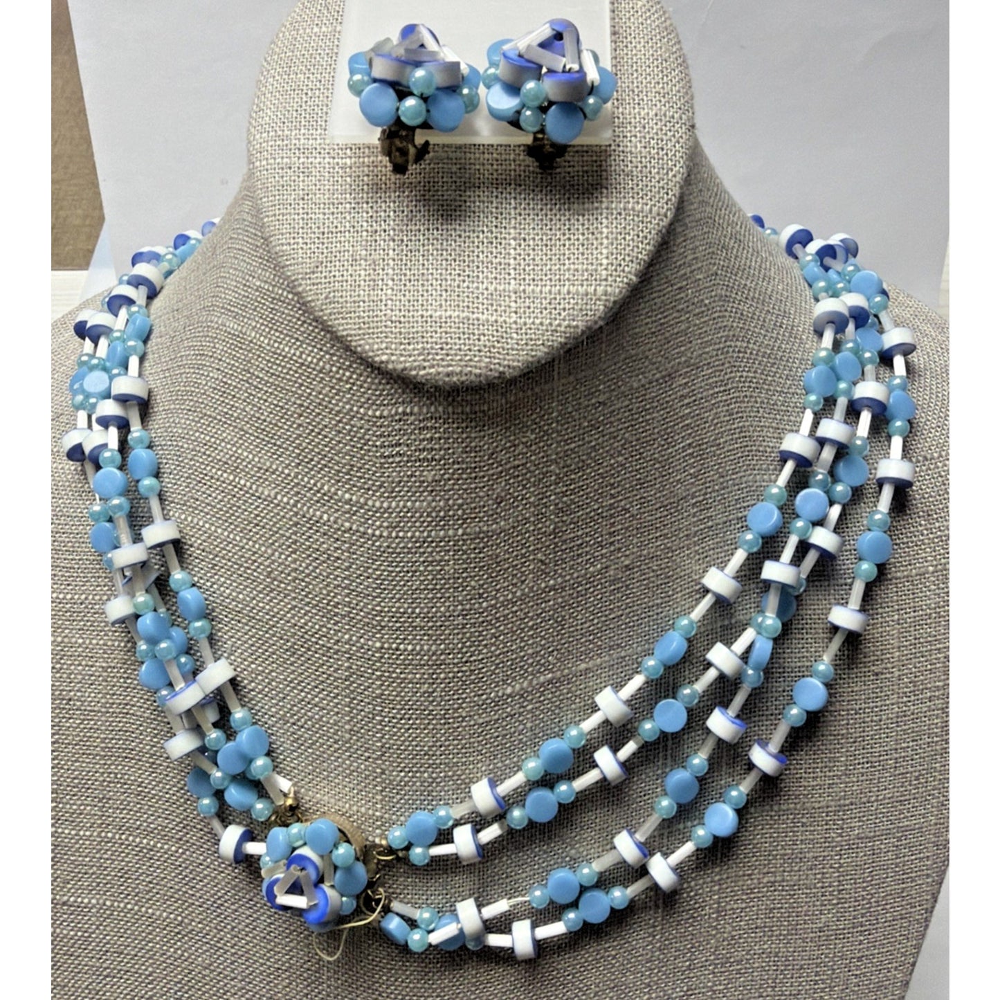 Japan Blue White Multi Strand Beaded Necklace Clip Earrings Jewelry Set As Is