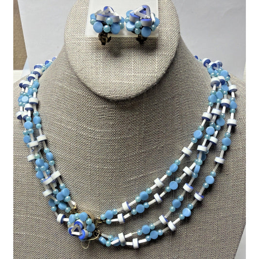 Japan Blue White Multi Strand Beaded Necklace Clip Earrings Jewelry Set As Is