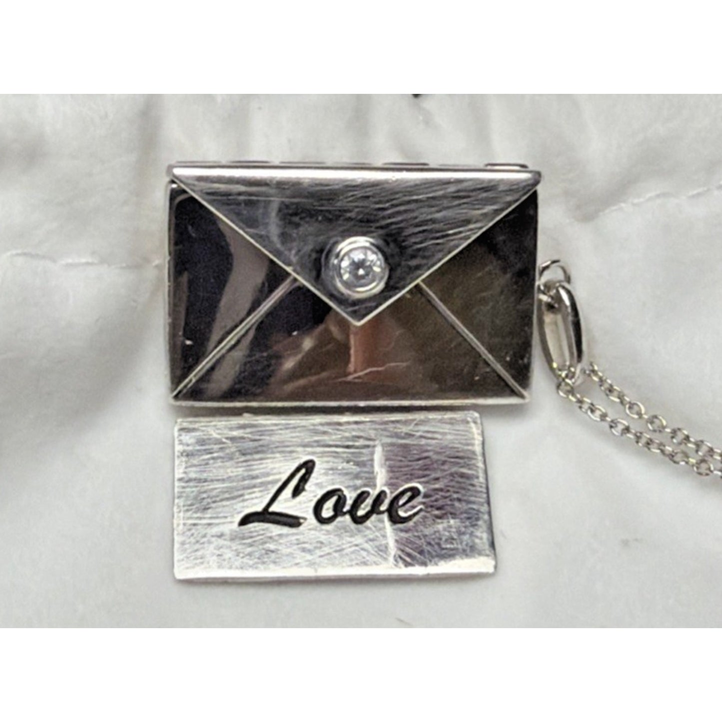 Vintage Sterling Silver Envelope Locket Love Note Message Charm Necklace CZ