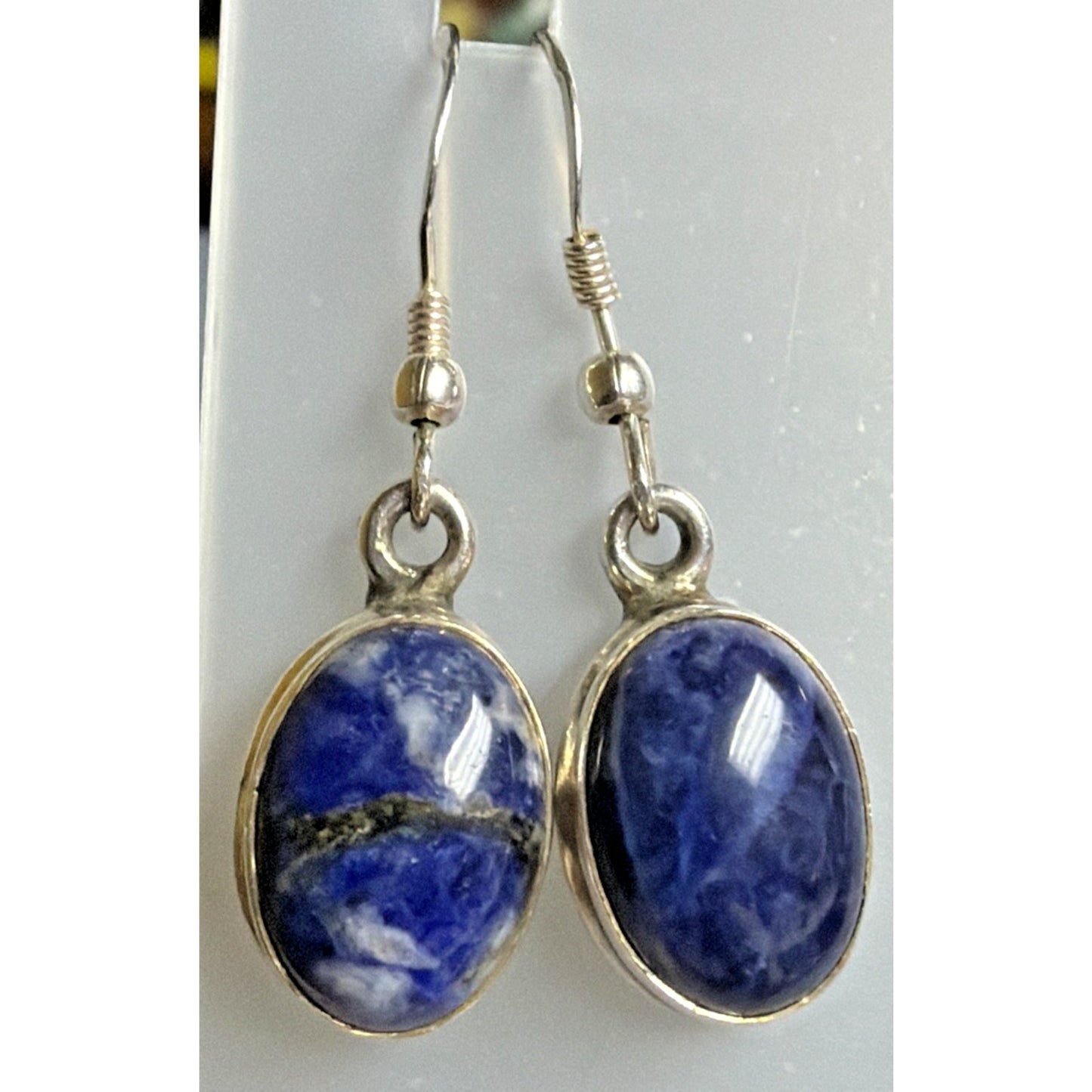 Vintage Sterling Silver Oval Sodalite Cabochon Dangle Drop Earrings Hook 6.13g