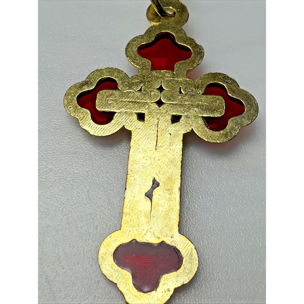 Vtg Holovaik Religious Orthodox Enamel Cross Chain Pendant Gold Tone Red Black