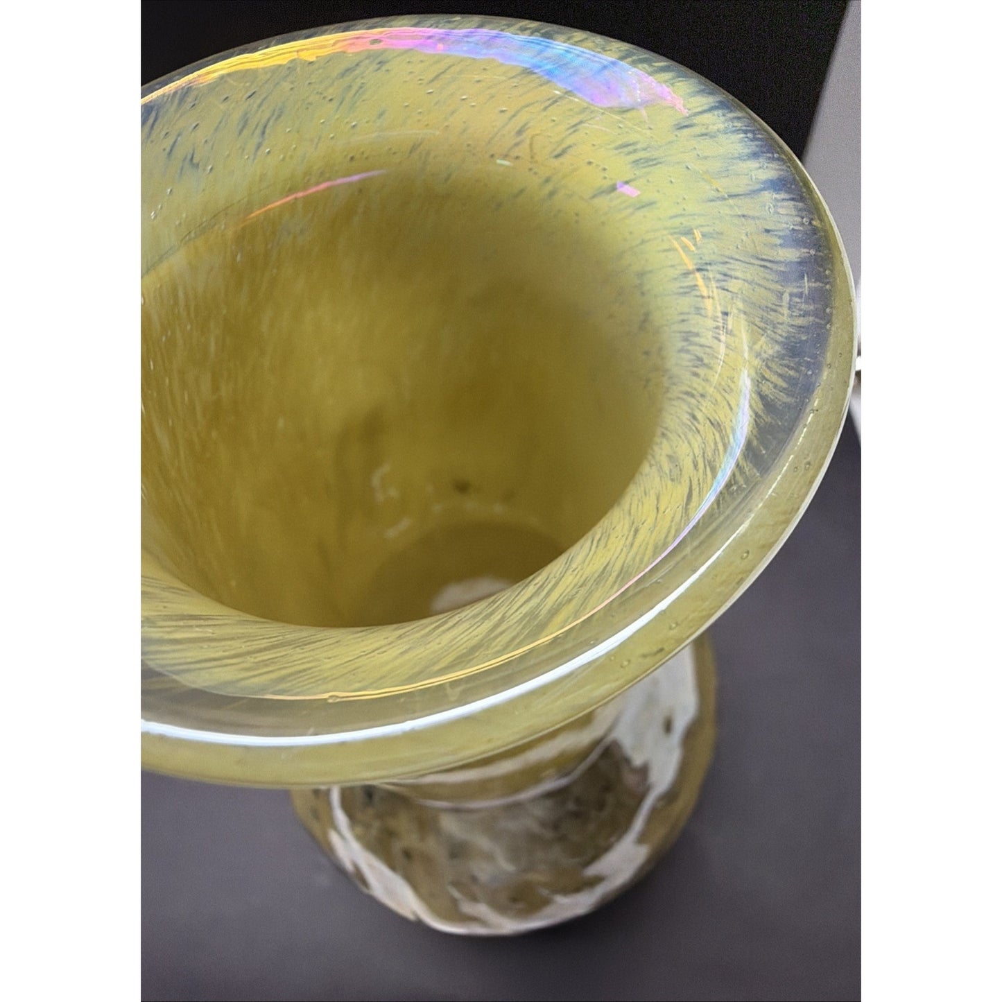 MCM French Studio Art Glass Yellow Bubbles Infused Iridescent Cased Vase As Is