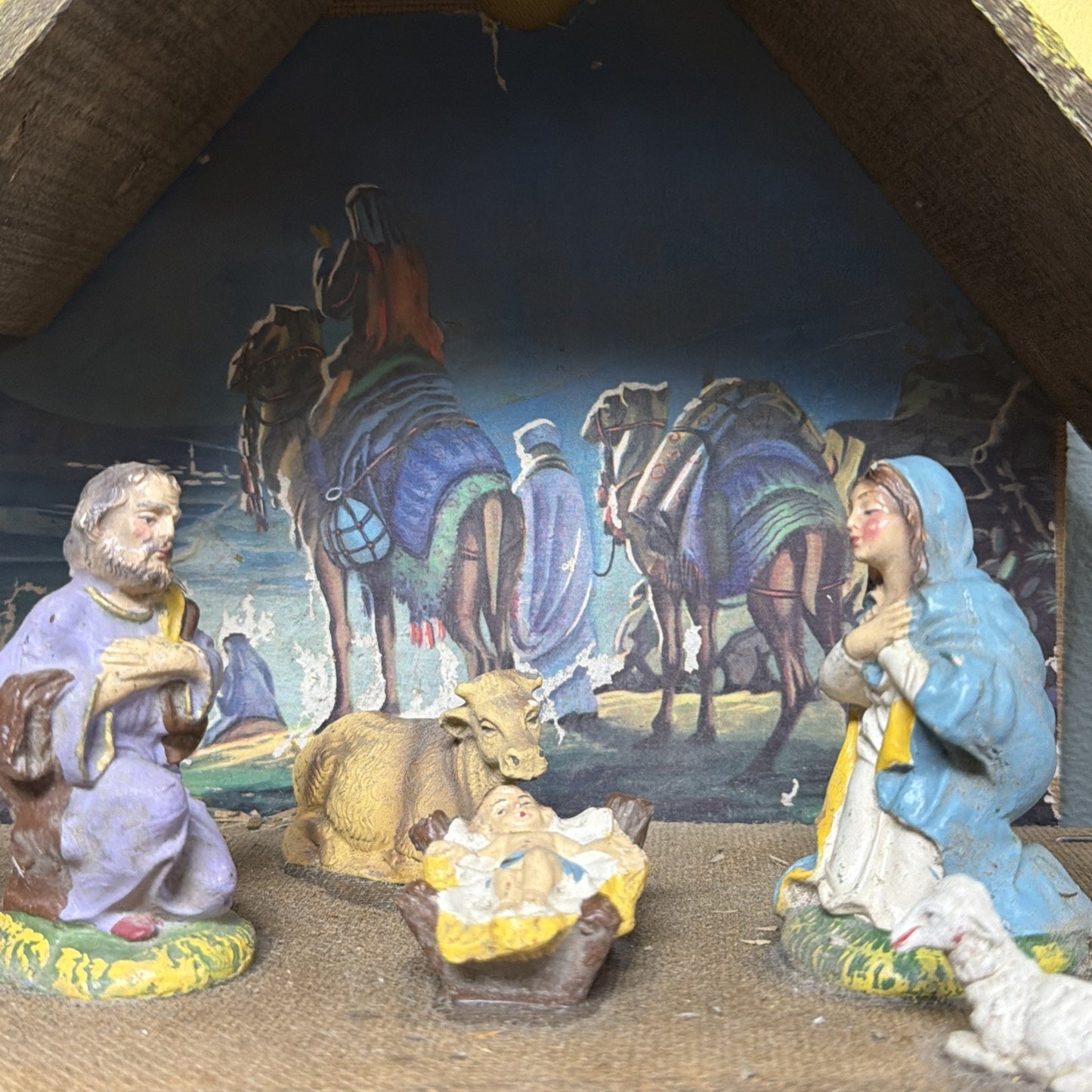 Vintage Stable Nativity Wooden Creche Italy 6 Pc Hand Painted As Is