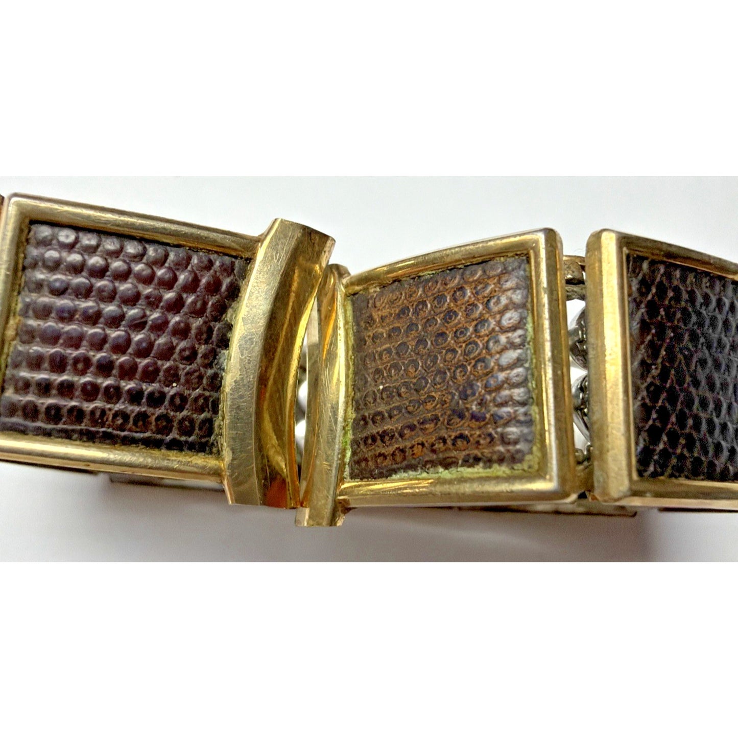 Vtg Speidel Yellow Gold Filled Watch Band Dark Brown Lizard Leather Curved As Is