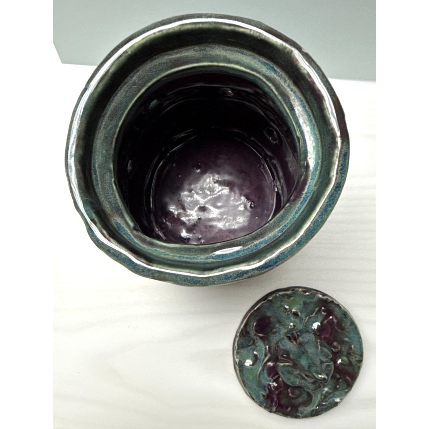 Studio Art Pottery Garlic Keeper Jar Canister Figural Lid Drip Glaze Signed