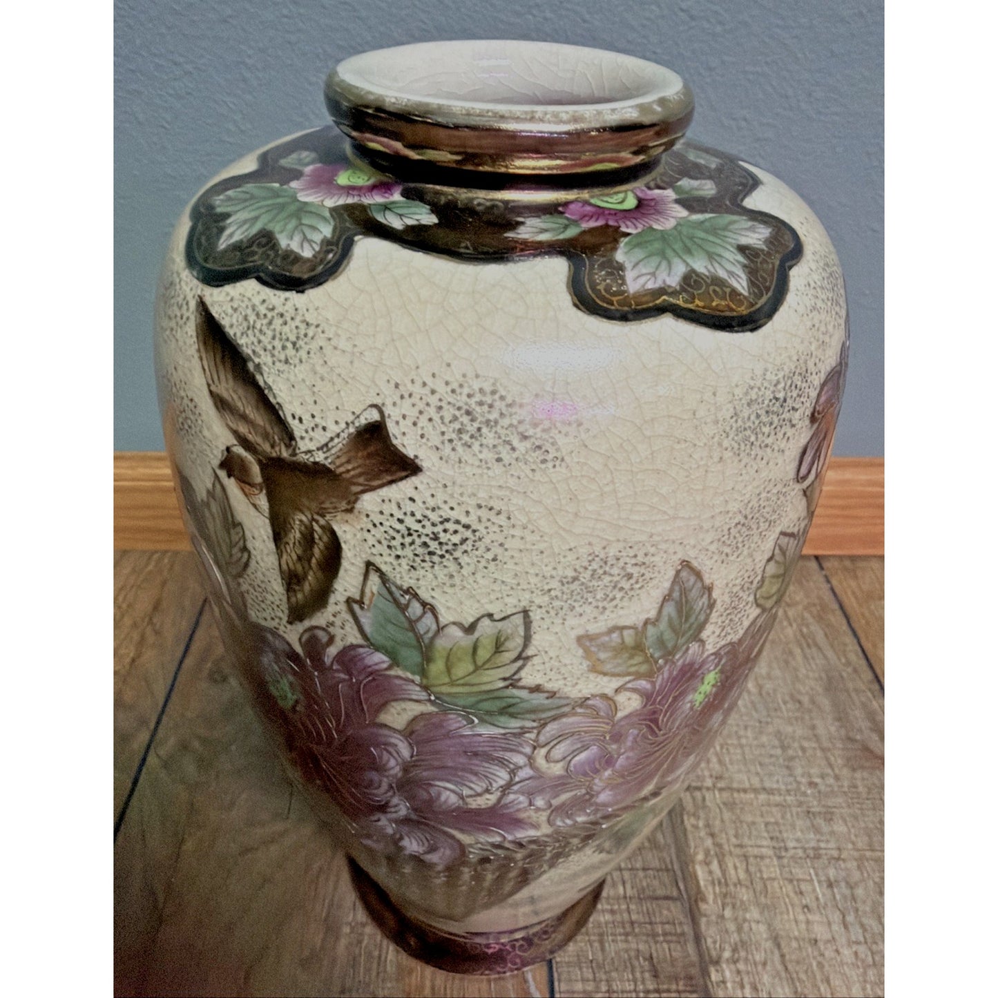 Old Hand Painted Japanese Satsuma Vase Crackle Gold Gilded Birds Floral Birdcage