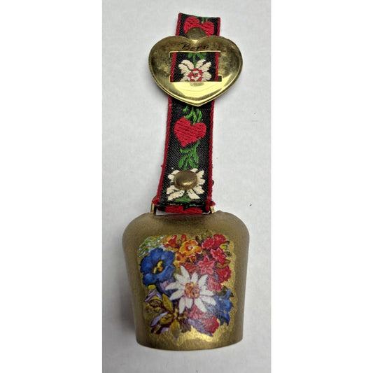 Vtg Metal Brass Colored Swiss Cowbell Cow Bell Embroidered Strap Floral Heart