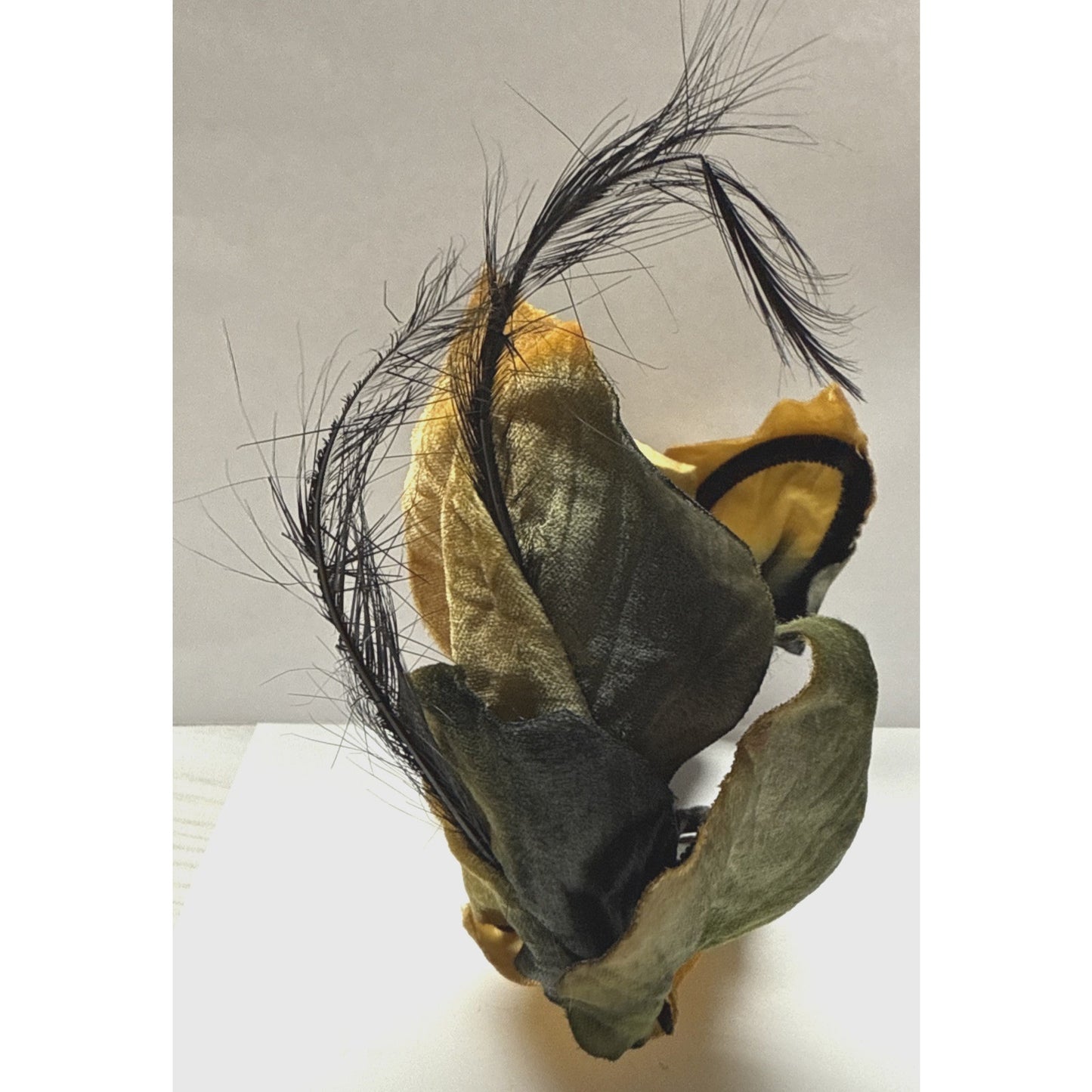 Vintage Metallic Velvet Maple Leaf Half Hat Fascinator Gold Black Feather