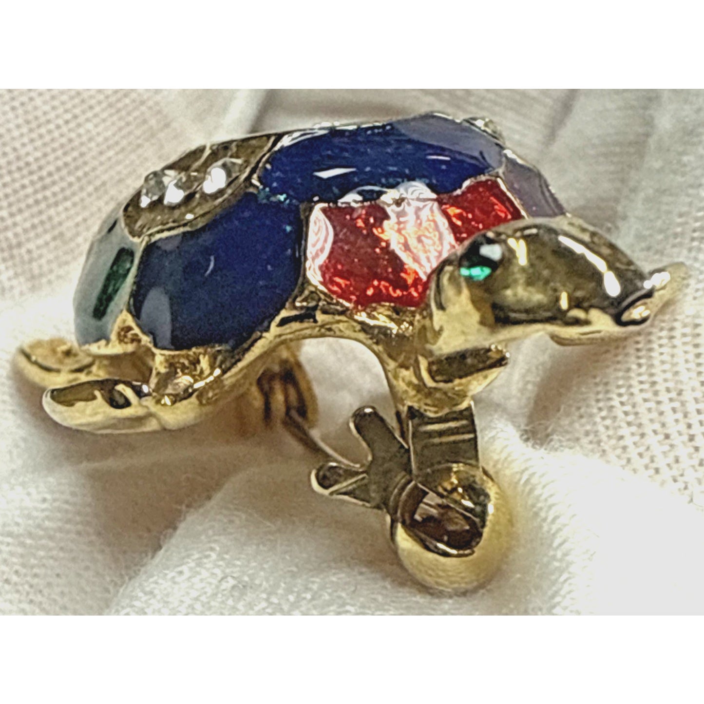 Vintage Rhinestone Guilloche Enamel Painted Turtle Tortoise Brooch Pin