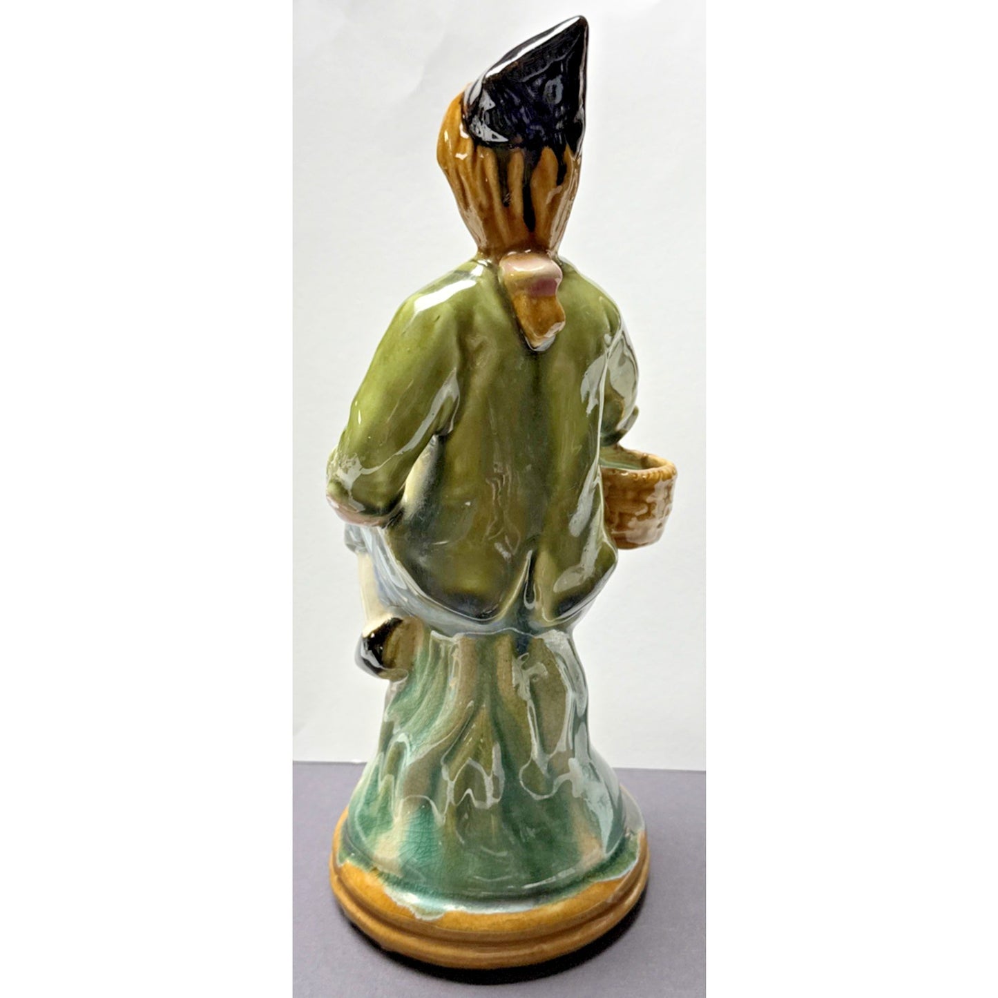 Vintage Majolica Pottery Glazed Crackle Man Holding Basket Sitting Signed As Is