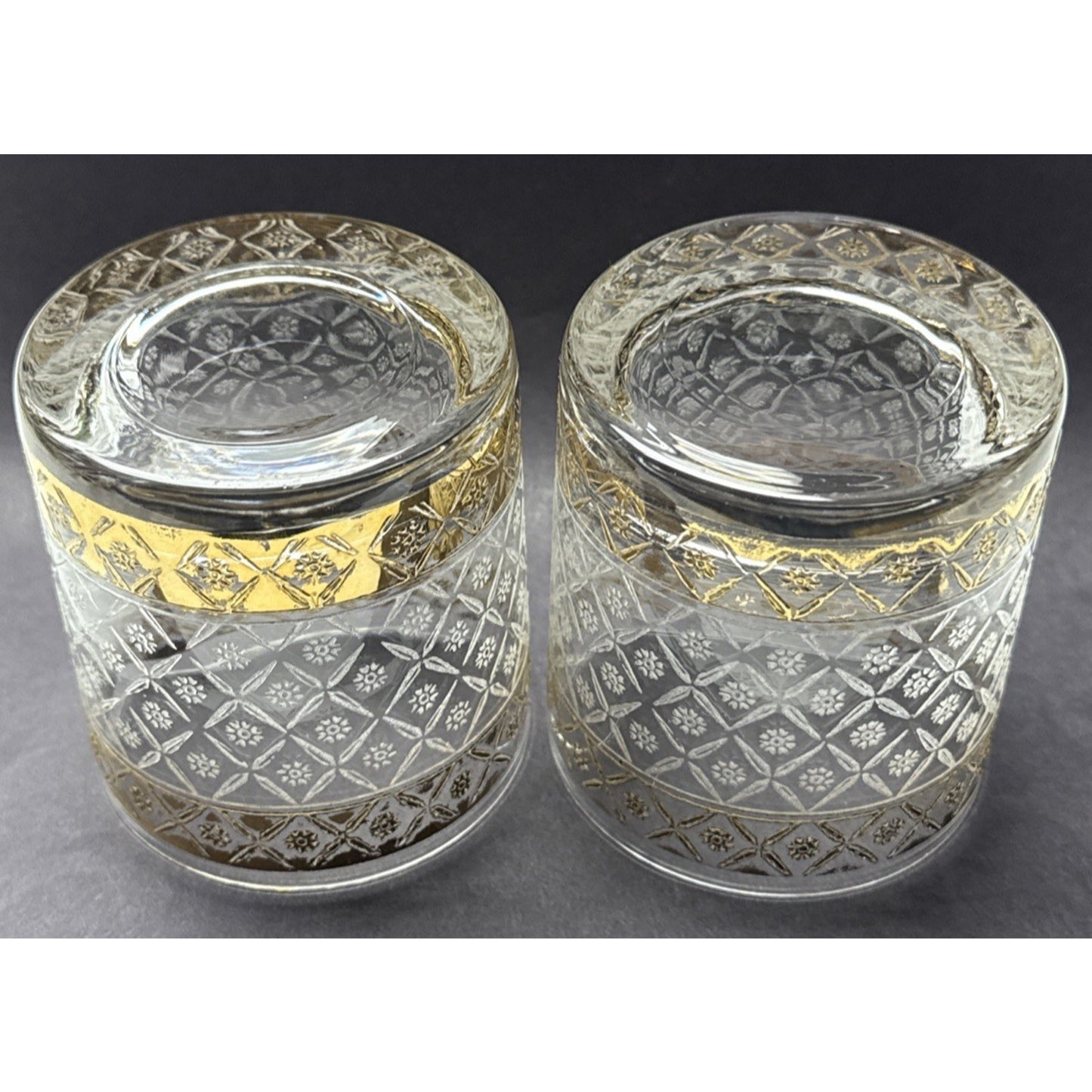 Vtg Lot of 2 Culver Glass Scintilla Village Old Fashioned Glass Rocks Gold As Is