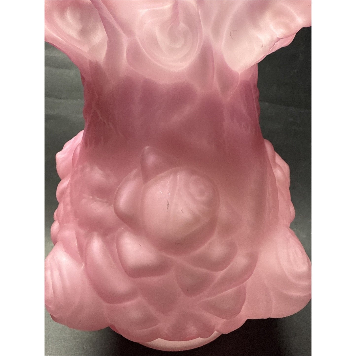 Vintage Fenton LG Wright Embossed Puffy Rose Pink Overlay White Satin Vase As-Is