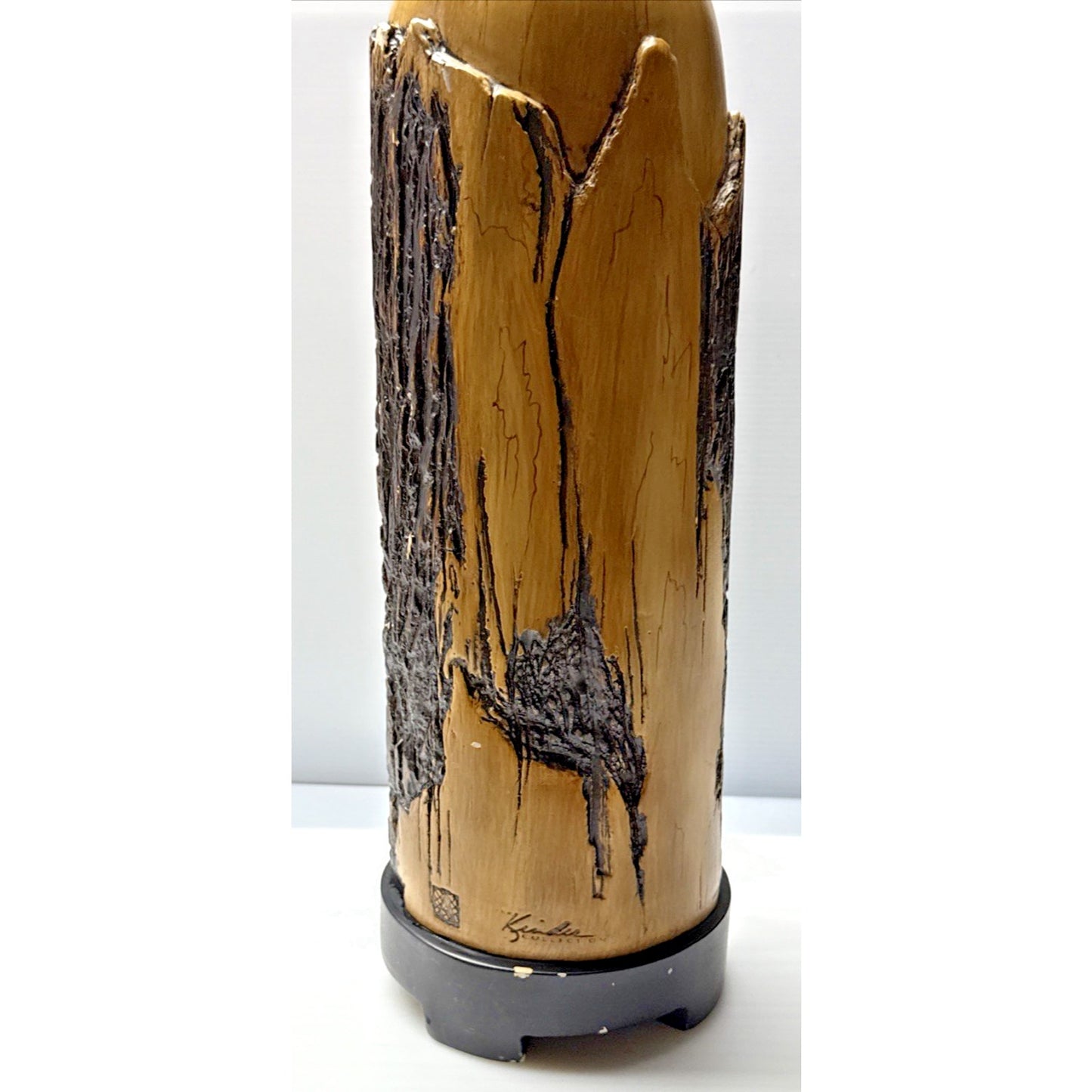 Carolyn Kinder Collection Faux Cypress Wood Urn Vase Pillar Black Pedestal As-Is