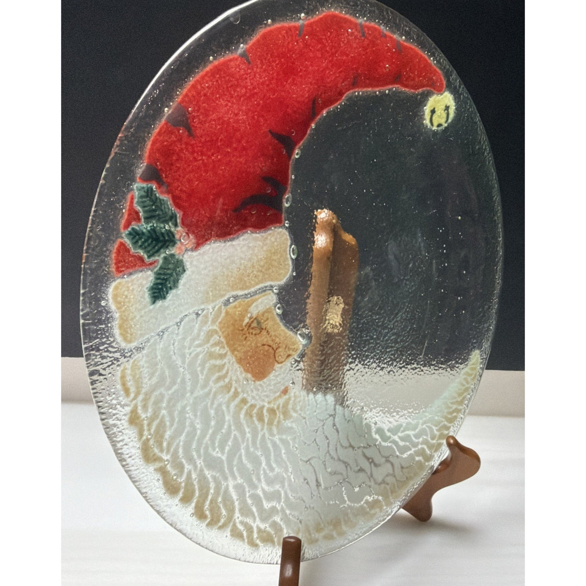 Vintage Peggy Karr Fused Glass Crescent Moon Santa Christmas Platter Signed