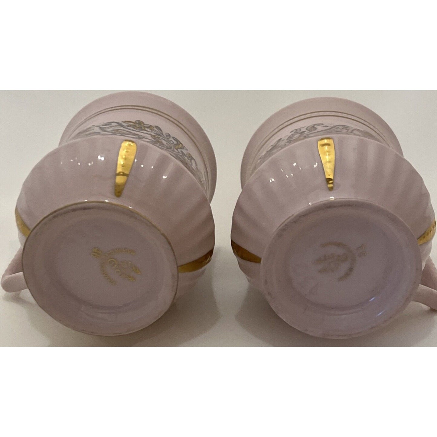Antique Lot Of 2 H&C Rosa Pink Czech Porcelain Love Birds Gold Mugs Tea Cups