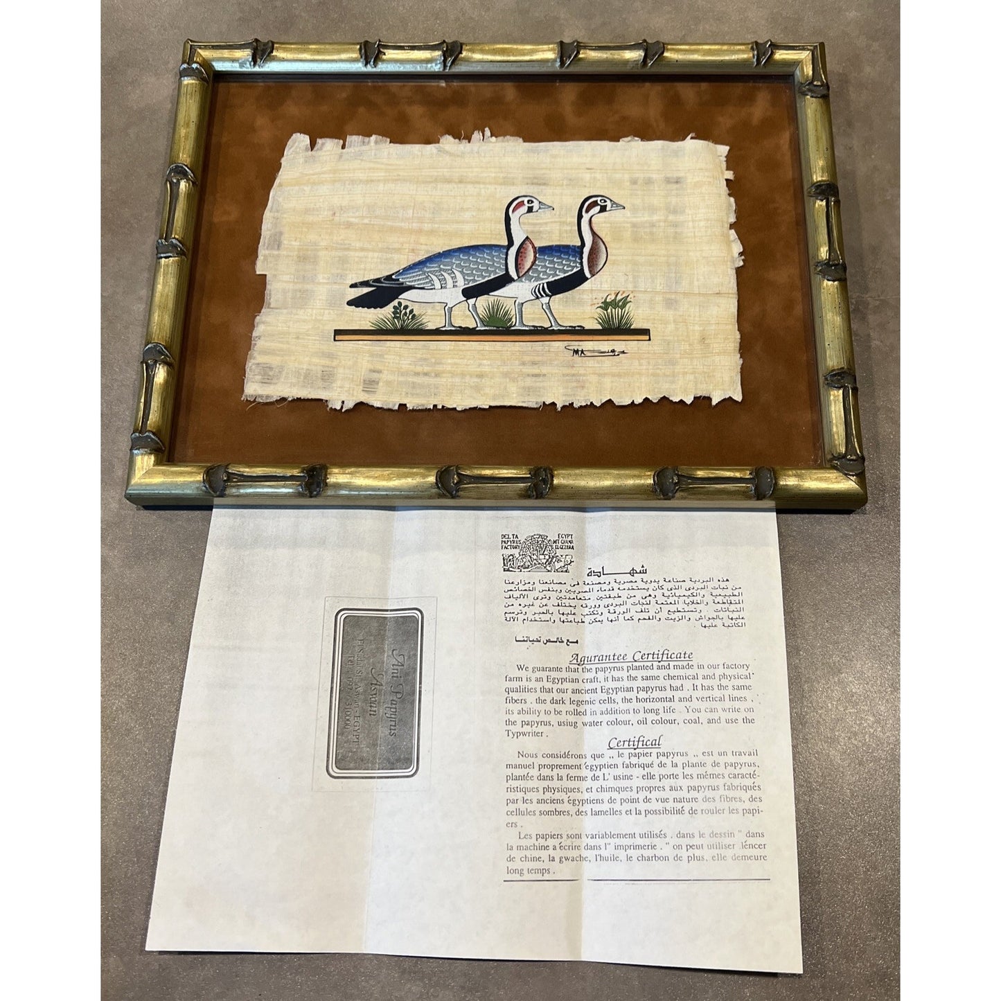 Vtg Delta Papyrus Factory Egypt Painting Geese Signed Birds Framed Certificate
