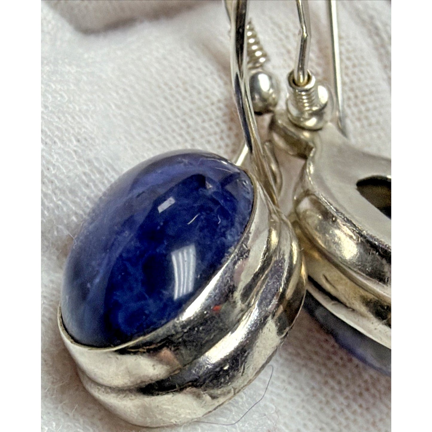 Vintage Sterling Silver Oval Sodalite Cabochon Dangle Drop Earrings Hook 6.13g