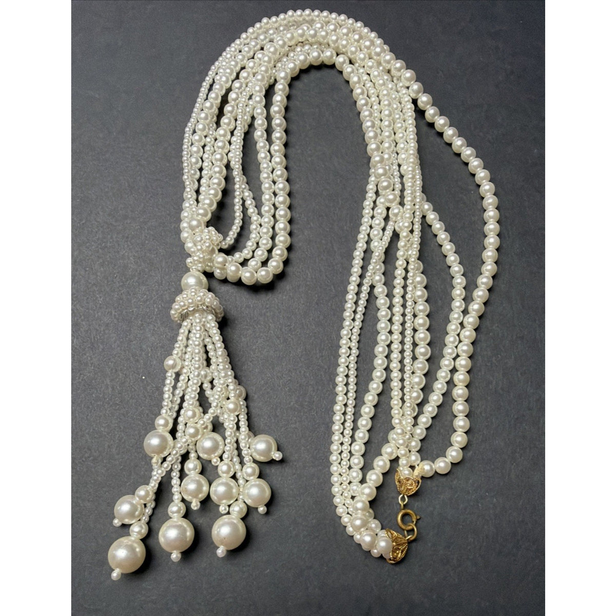 Vintage Multi Strand Faux Pearl Necklace Lariat Long Clasp