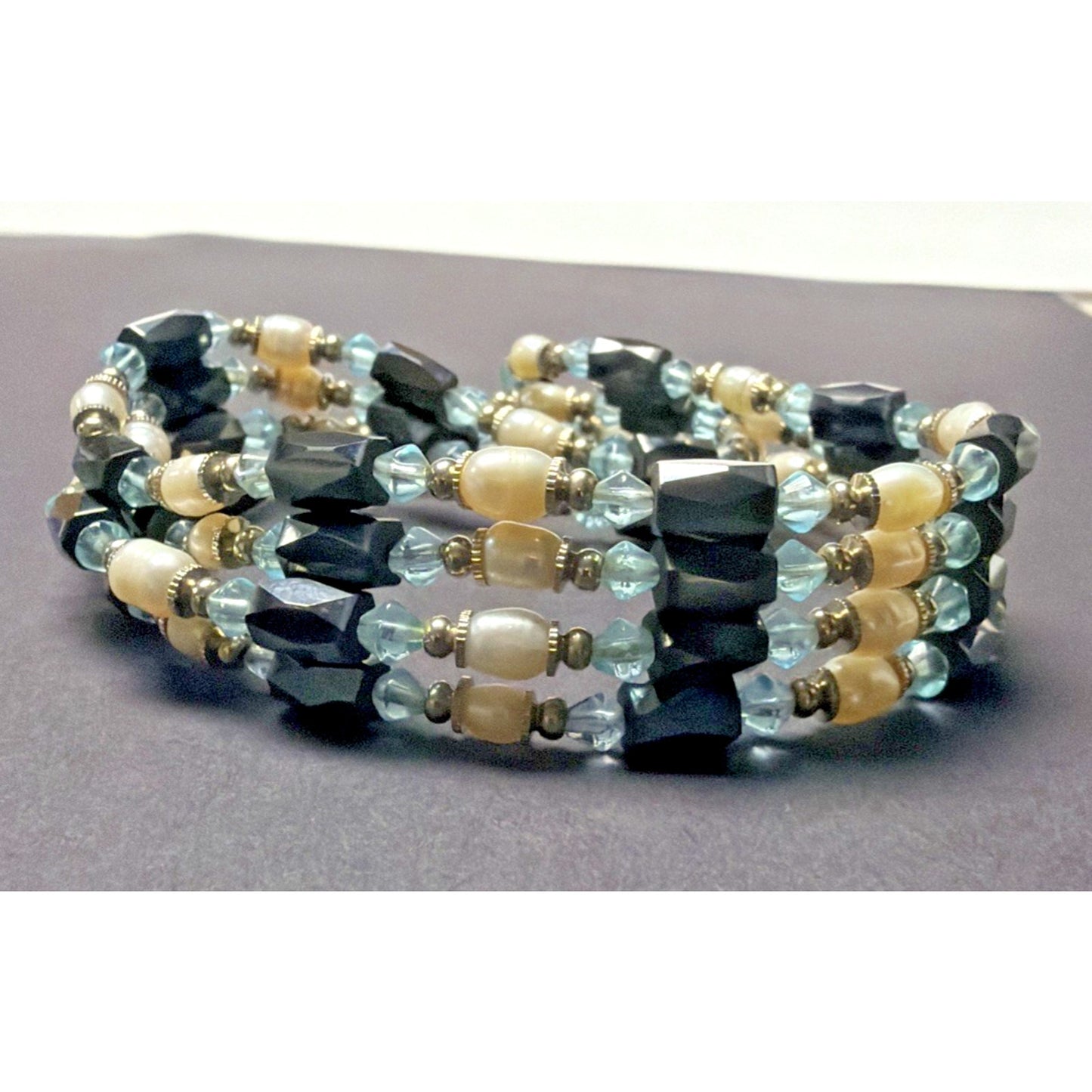 Vintage Layered Beaded Hematite Magnetic Necklace Bracelet Pearl Blue Crystal