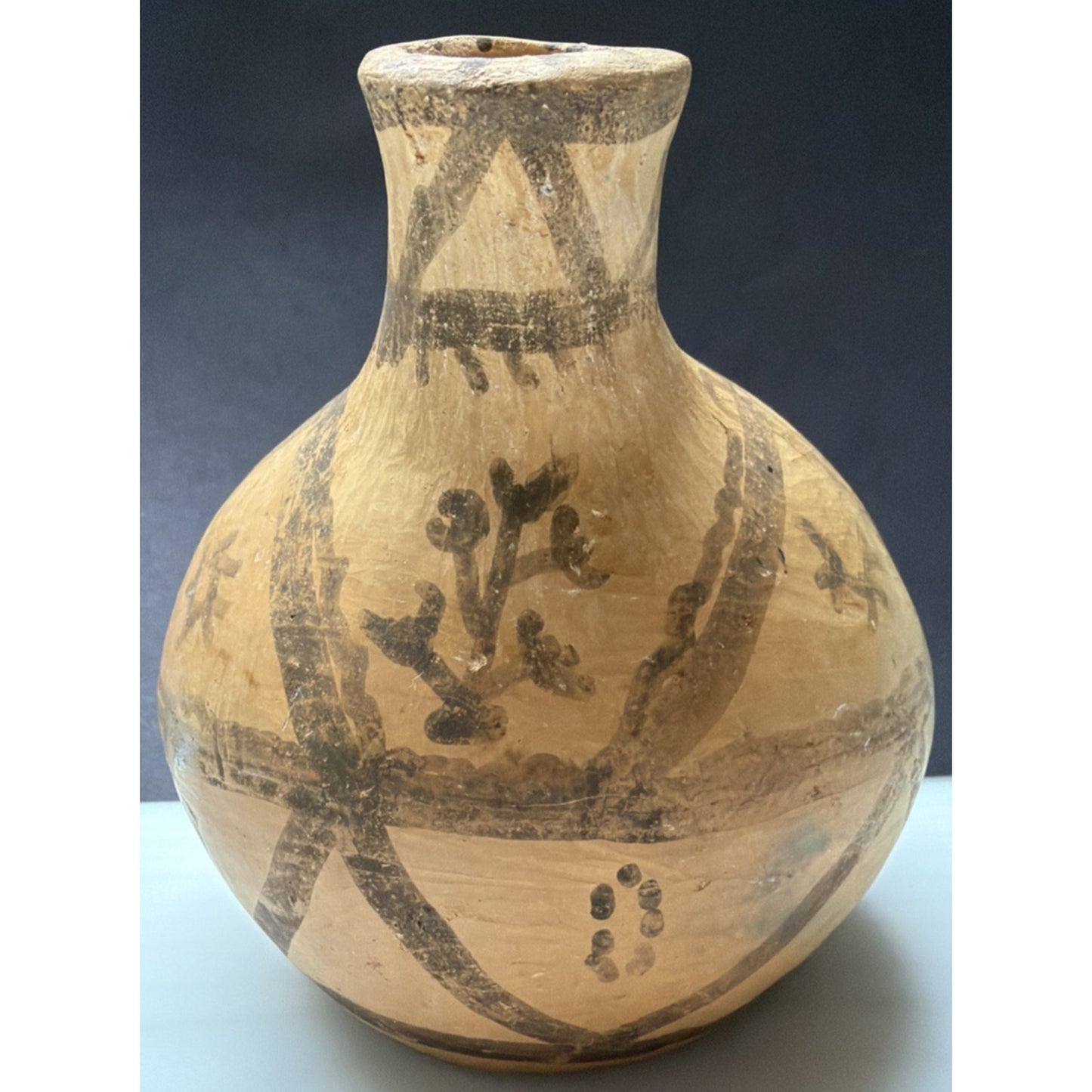 Old Berber Moroccan Pottery Vessel Double Spout Jug Hand Drawn Painted As Is
