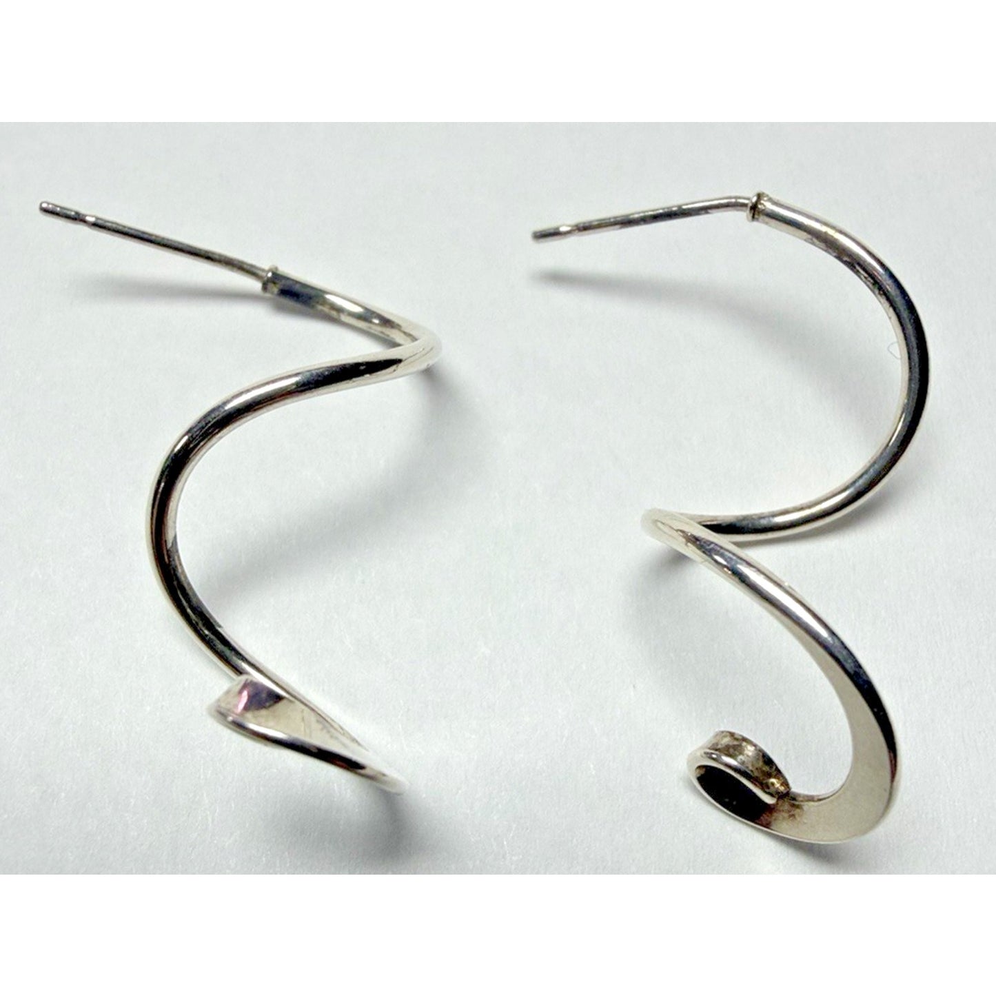 Modernist Sterling Silver Spiral Ribbon Earrings Dangle Snake Coil Stud Post
