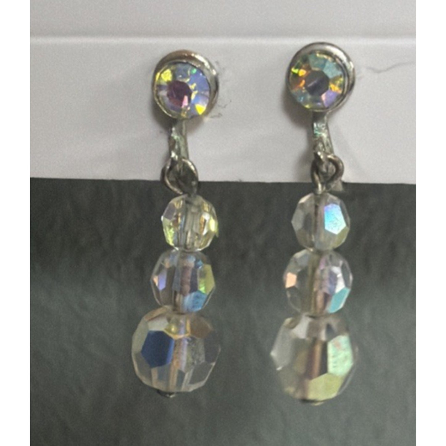 Vintage Clear Aurora Borealis AB Crystal Bead Dangle Screw Back Earrings