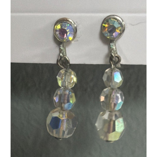 Vintage Clear Aurora Borealis AB Crystal Bead Dangle Screw Back Earrings