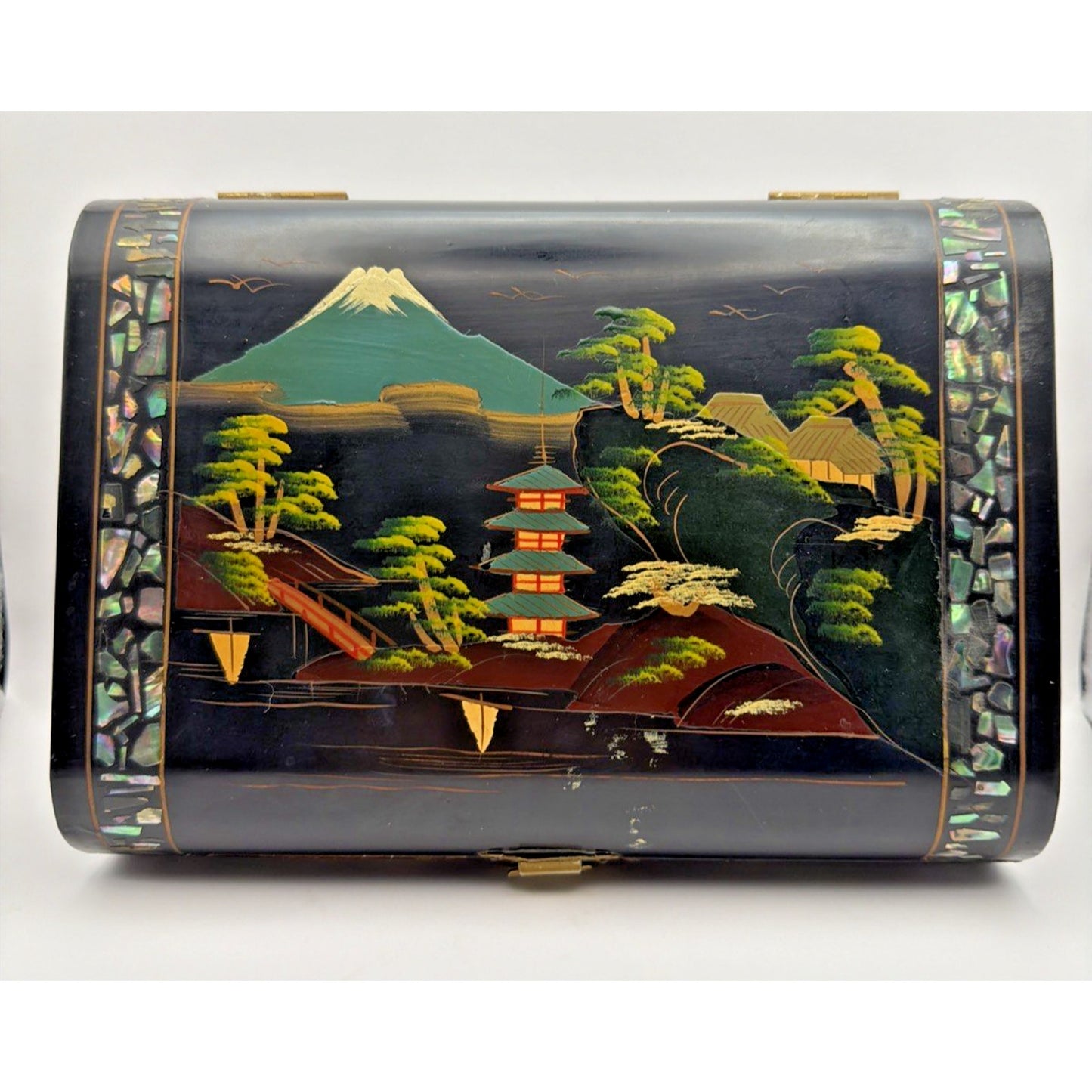 Vintage Japanese Lacquer Jewelry Music Box Lined Hand Painted Mt Fuji Works
