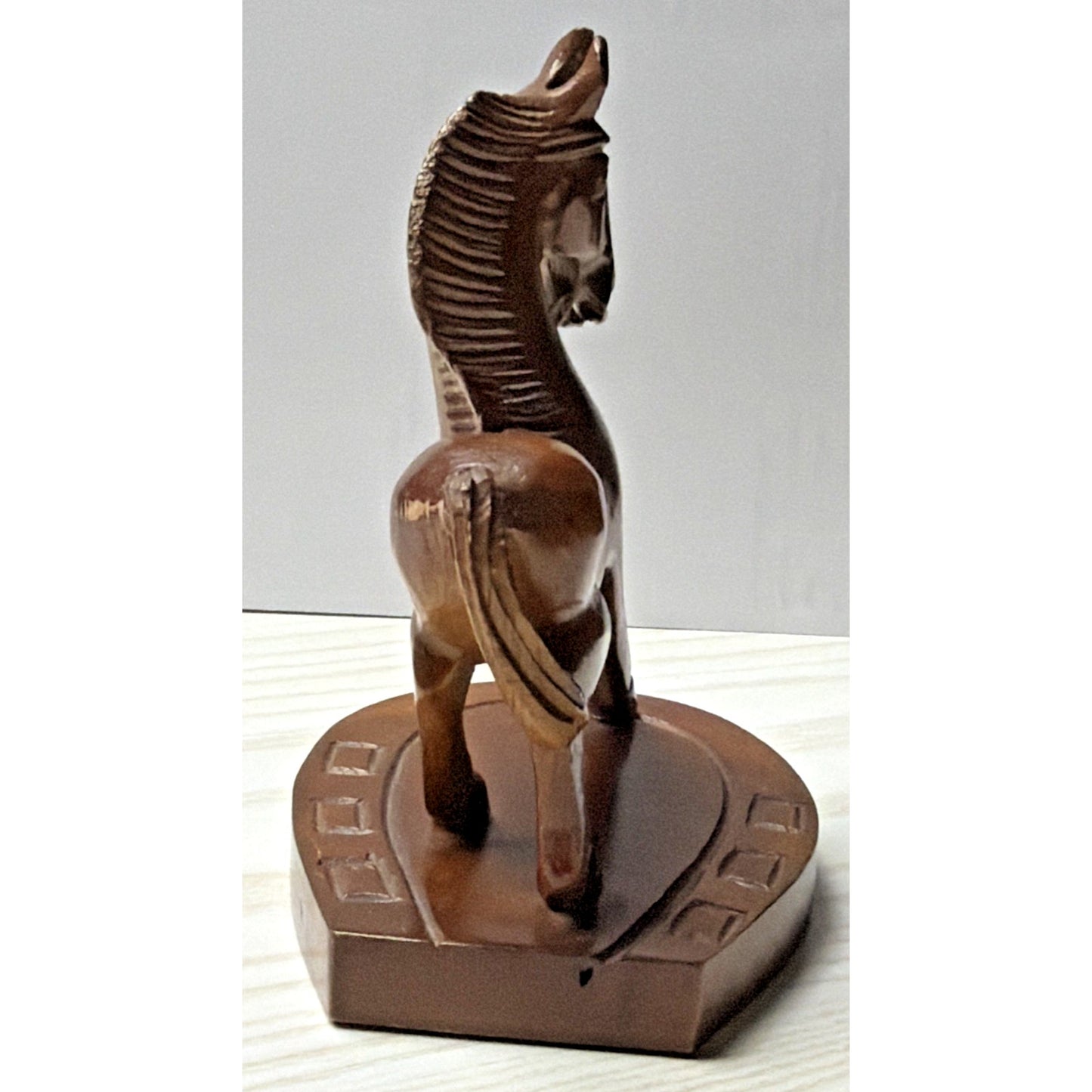 Vintage SC Vizcarra Wood Carving Horse Stallion Sculpture Horseshoe Paperweight