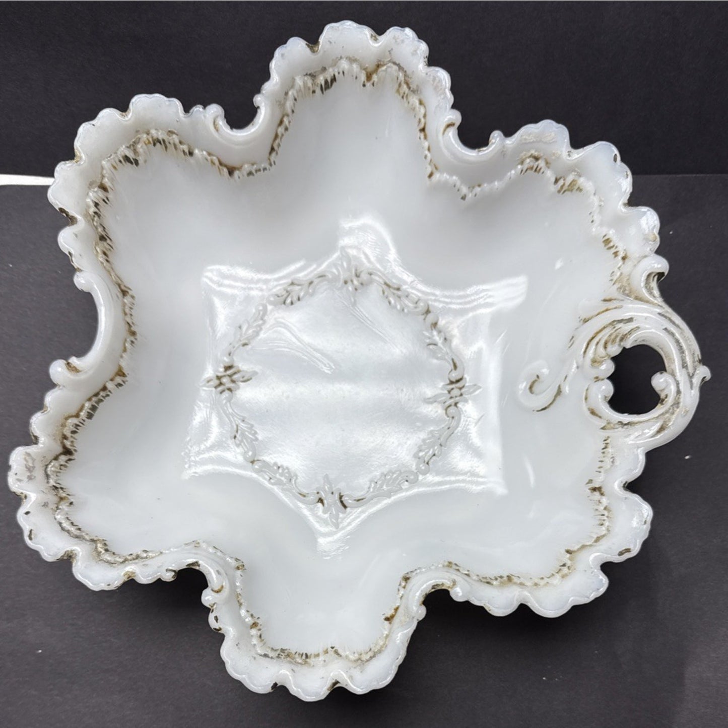 EAPG Dithridge Glass Opalware No 192 Open Handle Card Receiver Trinket Bowl