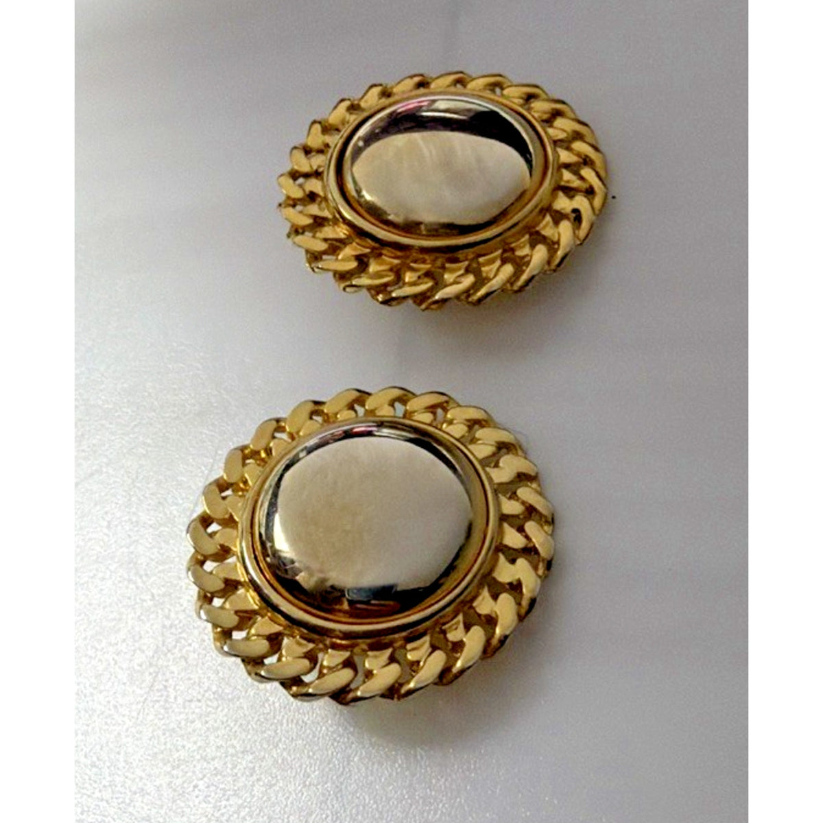 Vintage Button Dome Earrings Gold Tone Round Curb Chain Braided Border Clip On