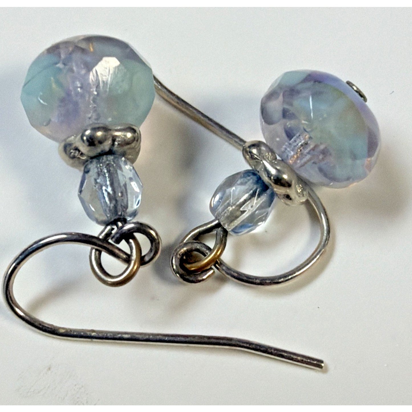Vintage Sterling Silver Faceted AB Crystal Glass Uranium Dangle Earrings Mottled