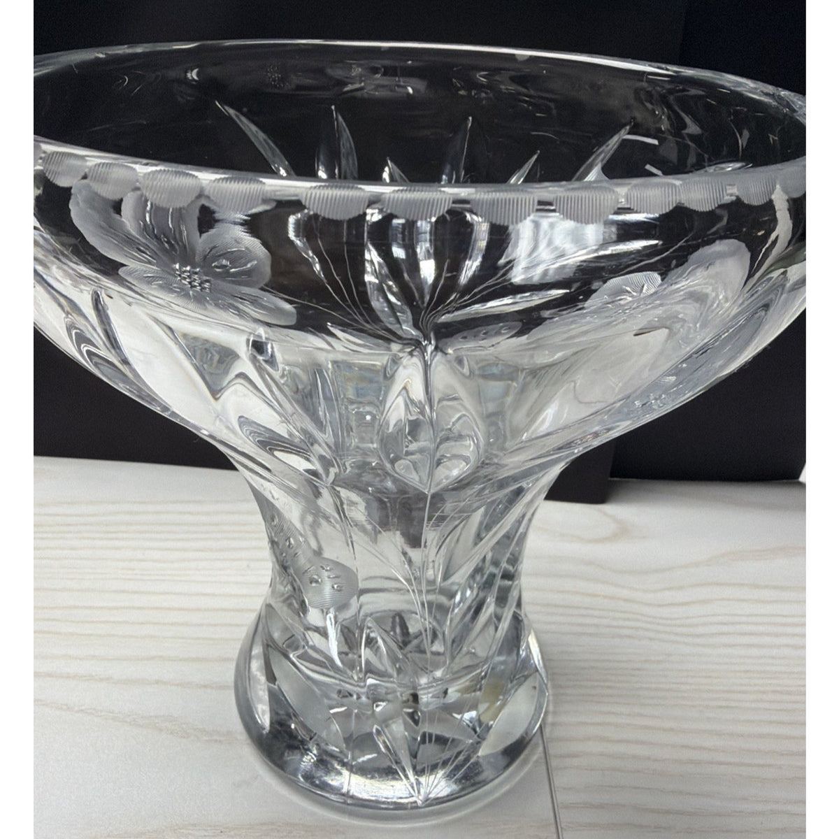 ABP Pairpoint Glass Cut Crystal Murillo Butterfly Daisy Vase Corset Trumpet Flar