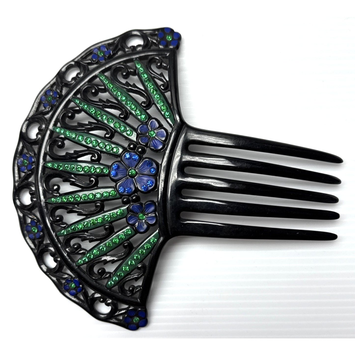 Art Deco Large Fan Shape Hair Comb Black Celluloid Rhinestone Flower Blue Green