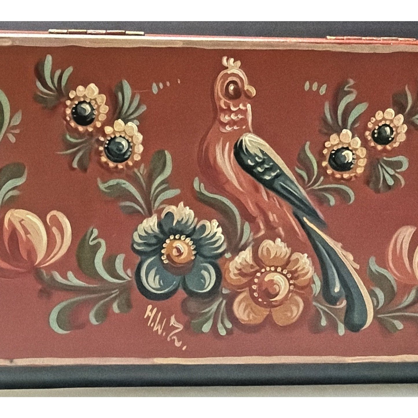 Folk Art Hindeloopen Wood Hand Painted Box Signed HW Zeed Bird Floral Hinged