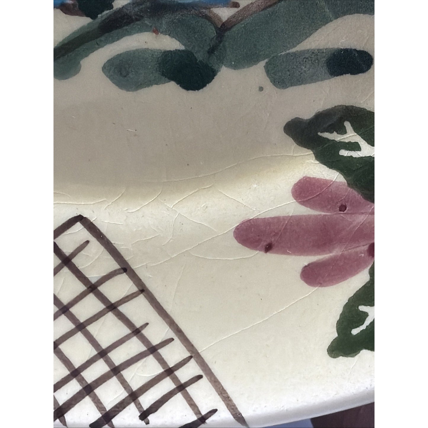 Vtg Lamas Pottery Italy Ceramic Rooster Hen Plate Floral Grid Design Farmhouse