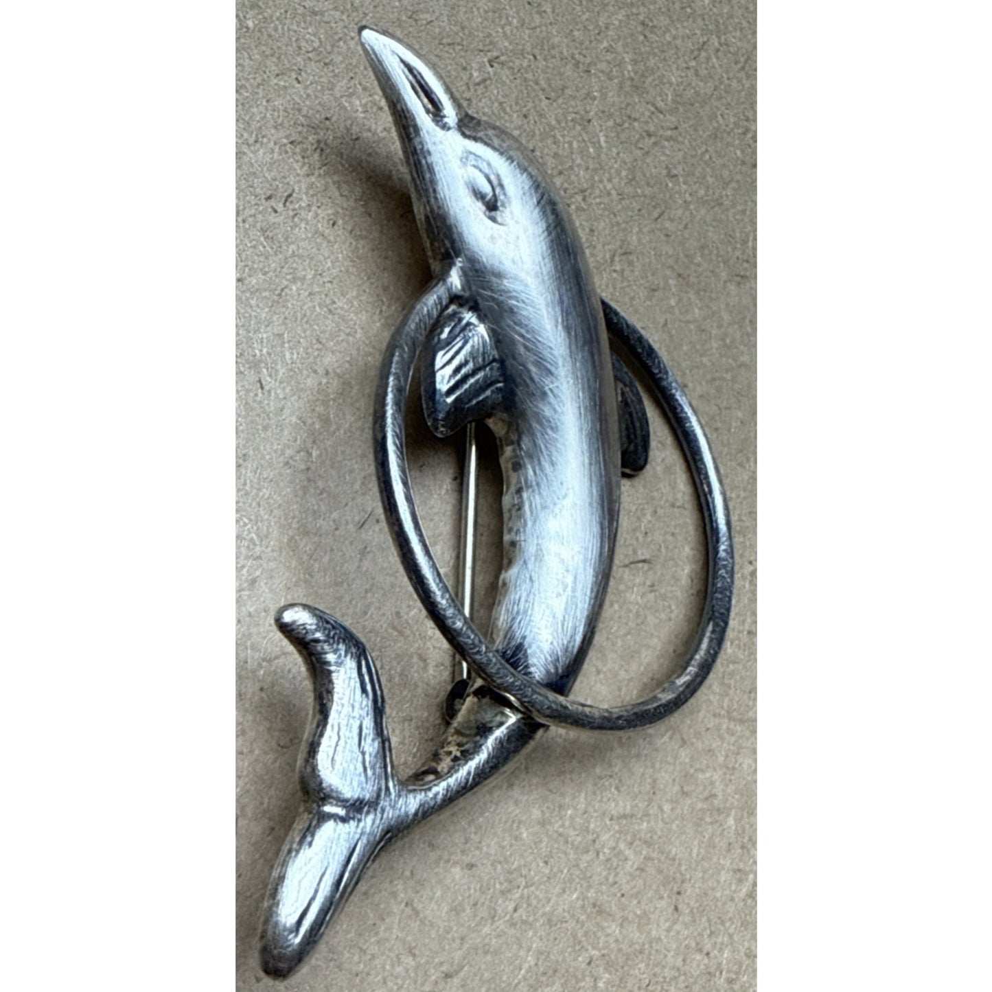 Vintage GSJ Sterling Silver 925 Dolphin Brooch Pin Hoop Trick Large As-Is