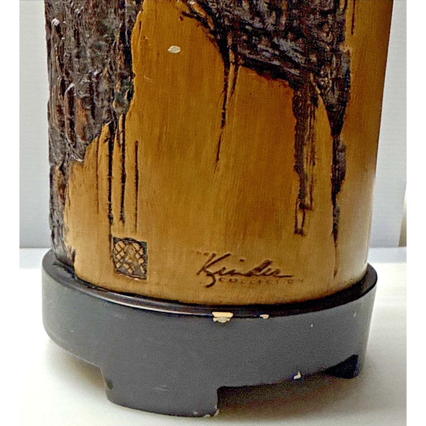 Carolyn Kinder Collection Faux Cypress Wood Urn Vase Pillar Black Pedestal As-Is