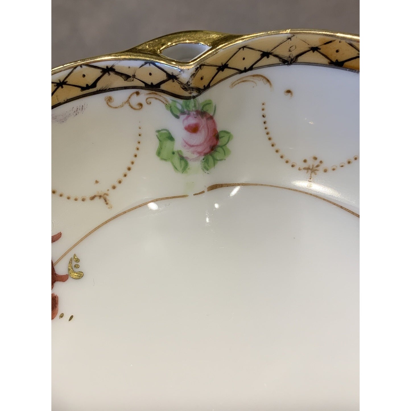 Noritake Morimura Japan Hand Painted Roses Floral Bowl Reticulated Handles Gold