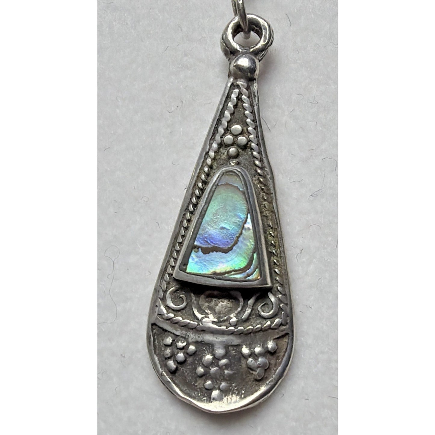 Vtg ATI Mexico Sterling Silver 925 Pierced Drop Teardrop Ornate Earrings Abalone