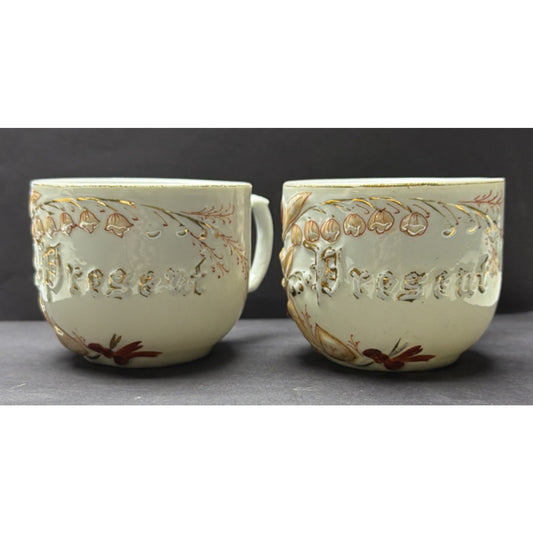Antique Lot of 2 German Mug Cups Bluebell Lily Valley Present Hand Painted