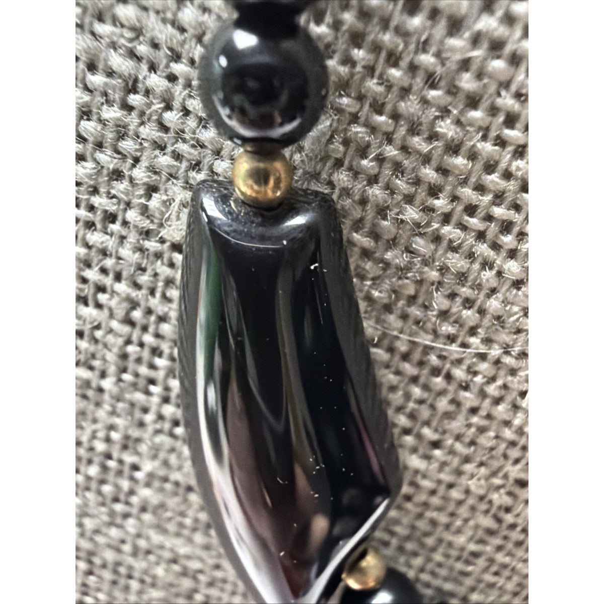 Jet Black Flame Carved Leaf Shape Onyx Bead Gold Spacer Necklace Read Descript